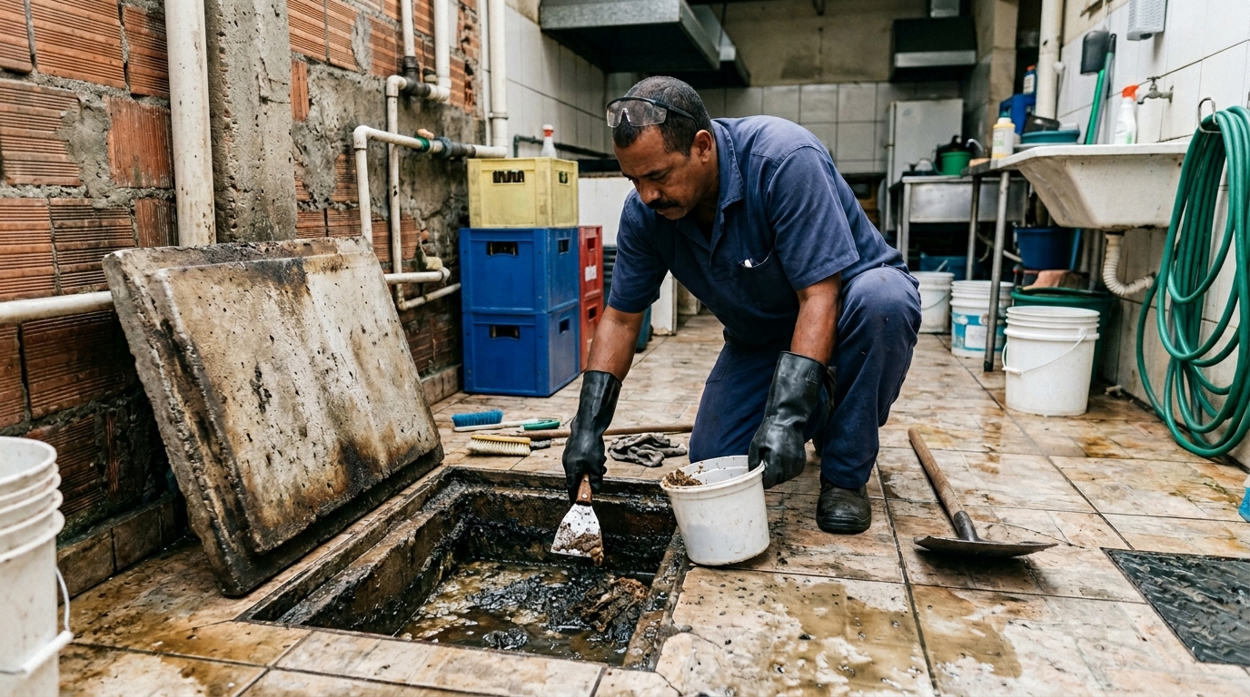 Limpeza de caixa de gordura residencial em Joinville-SC